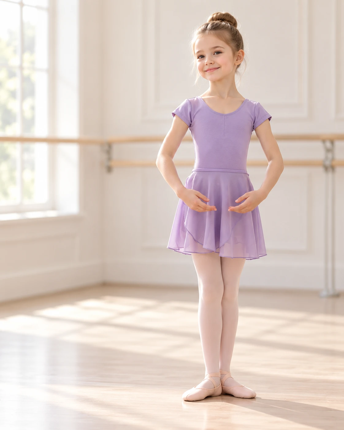 Young dancer in a lavender short-sleeve ballet leotard and chiffon wrap skirt