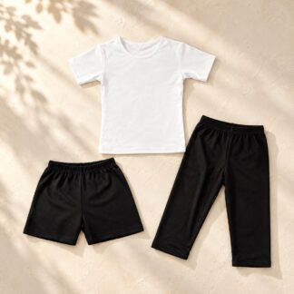 Boys ballet practice set showing white top, black shorts and black cropped trousers