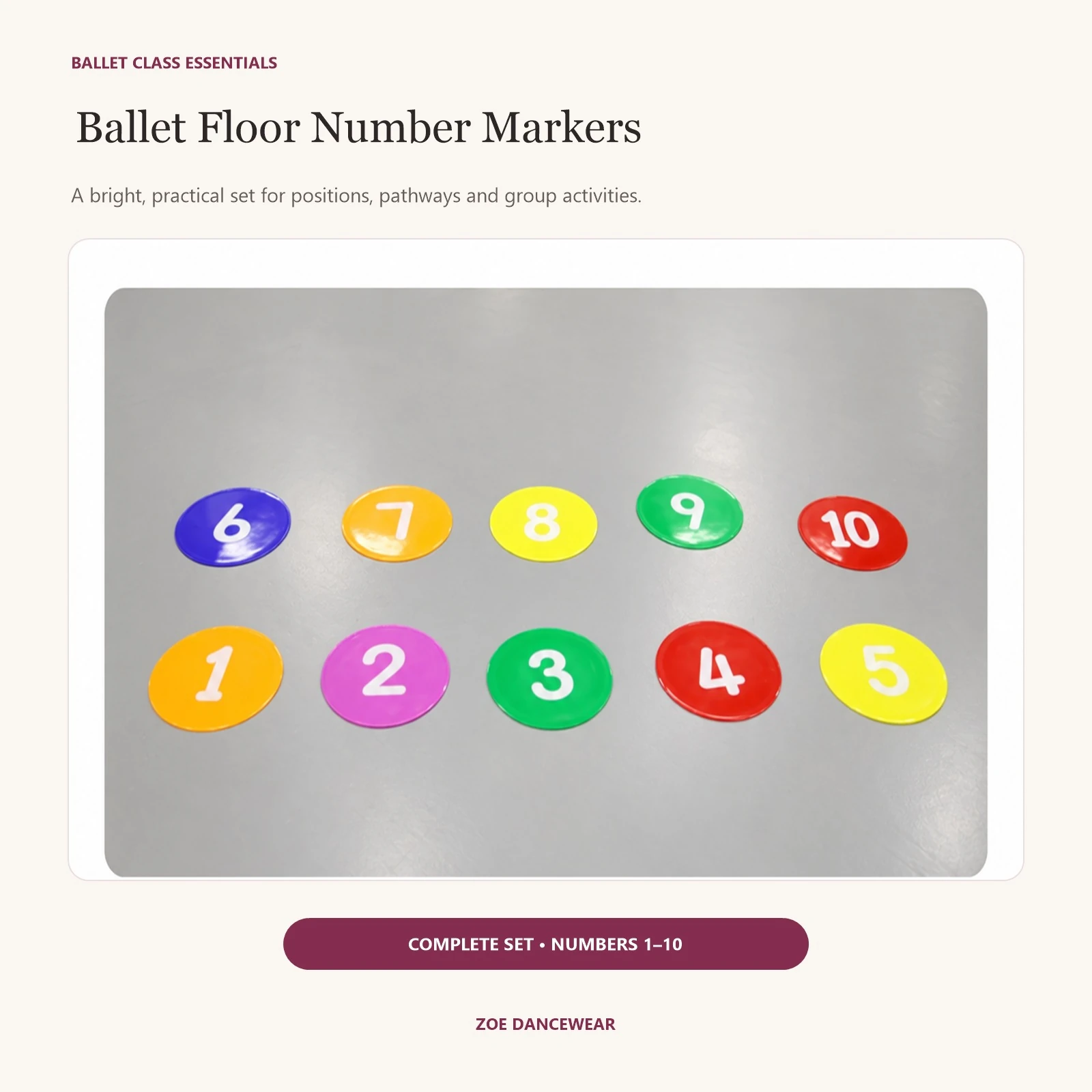 Ballet floor number markers 1 to 10, complete colour-coded set
