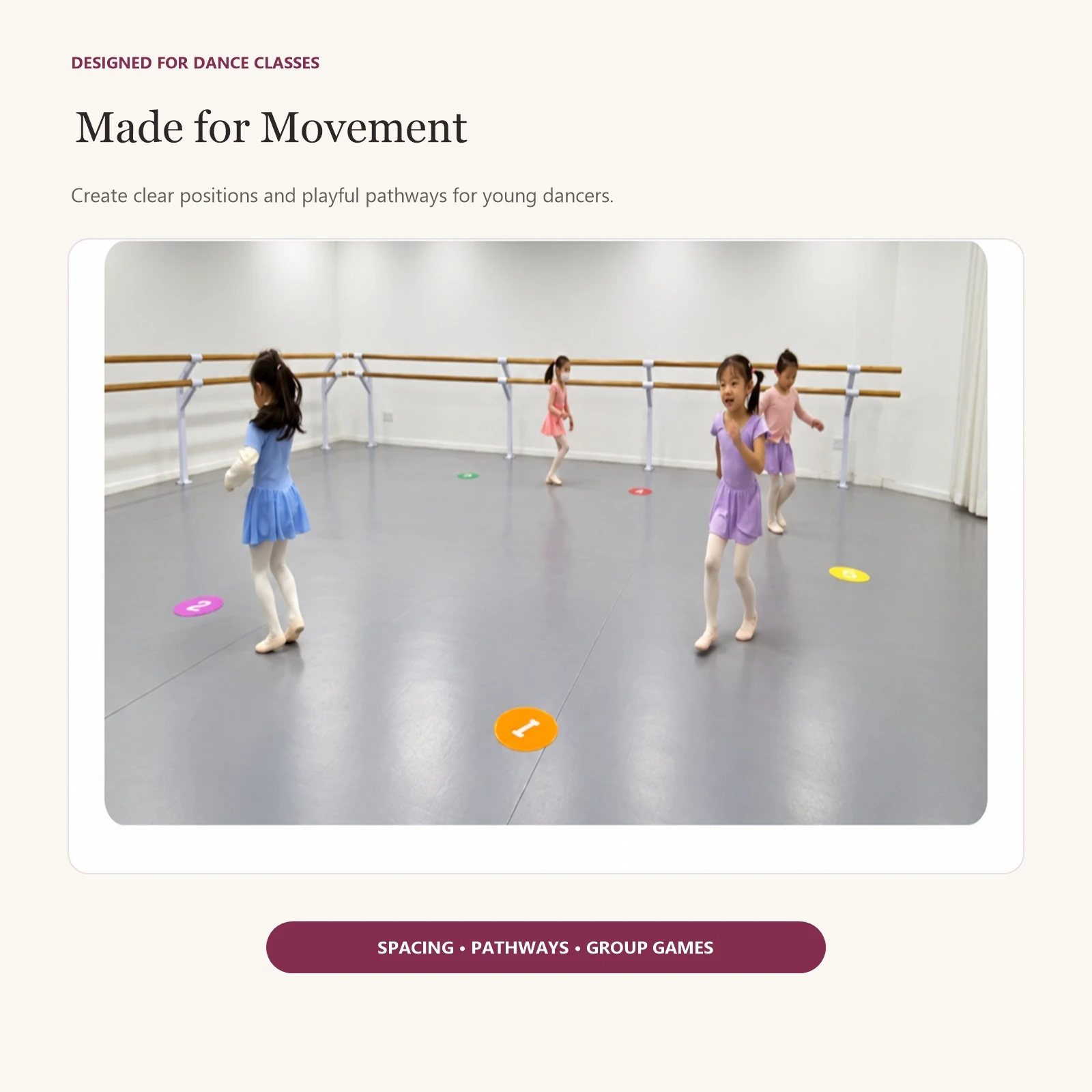 Ballet floor number markers 1 to 10 used in a children's ballet class