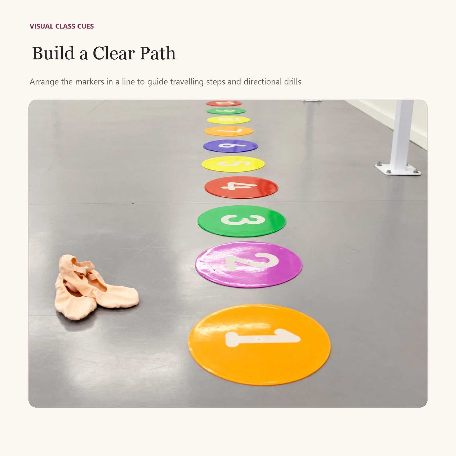 Ballet floor number markers 1 to 10 in a line with a pair of ballet shoes