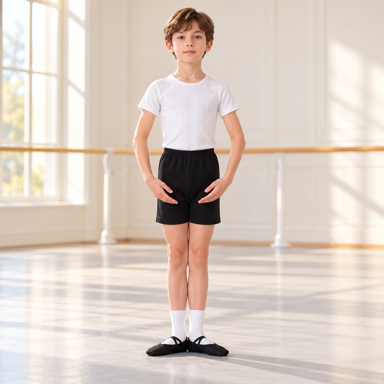 Boys wearing white ballet top and black shorts