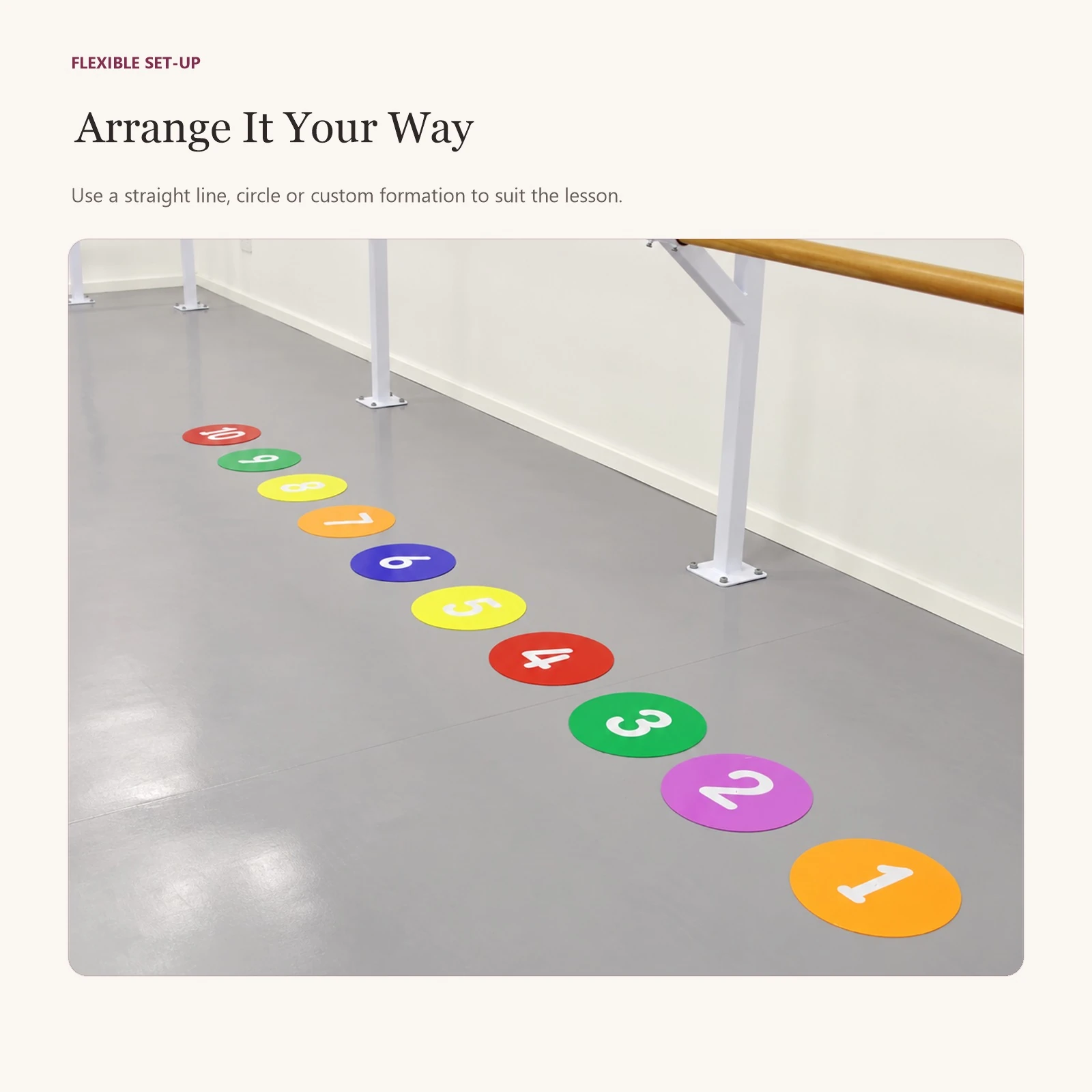 Ballet floor number markers 1 to 10 arranged in a line in a ballet studio