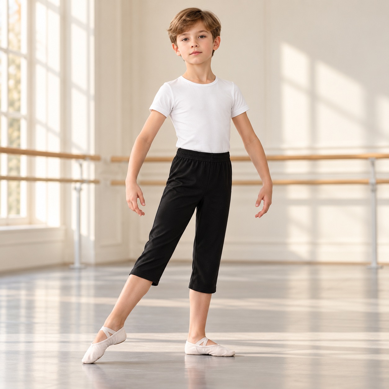Boys wearing white ballet top and black cropped trousers