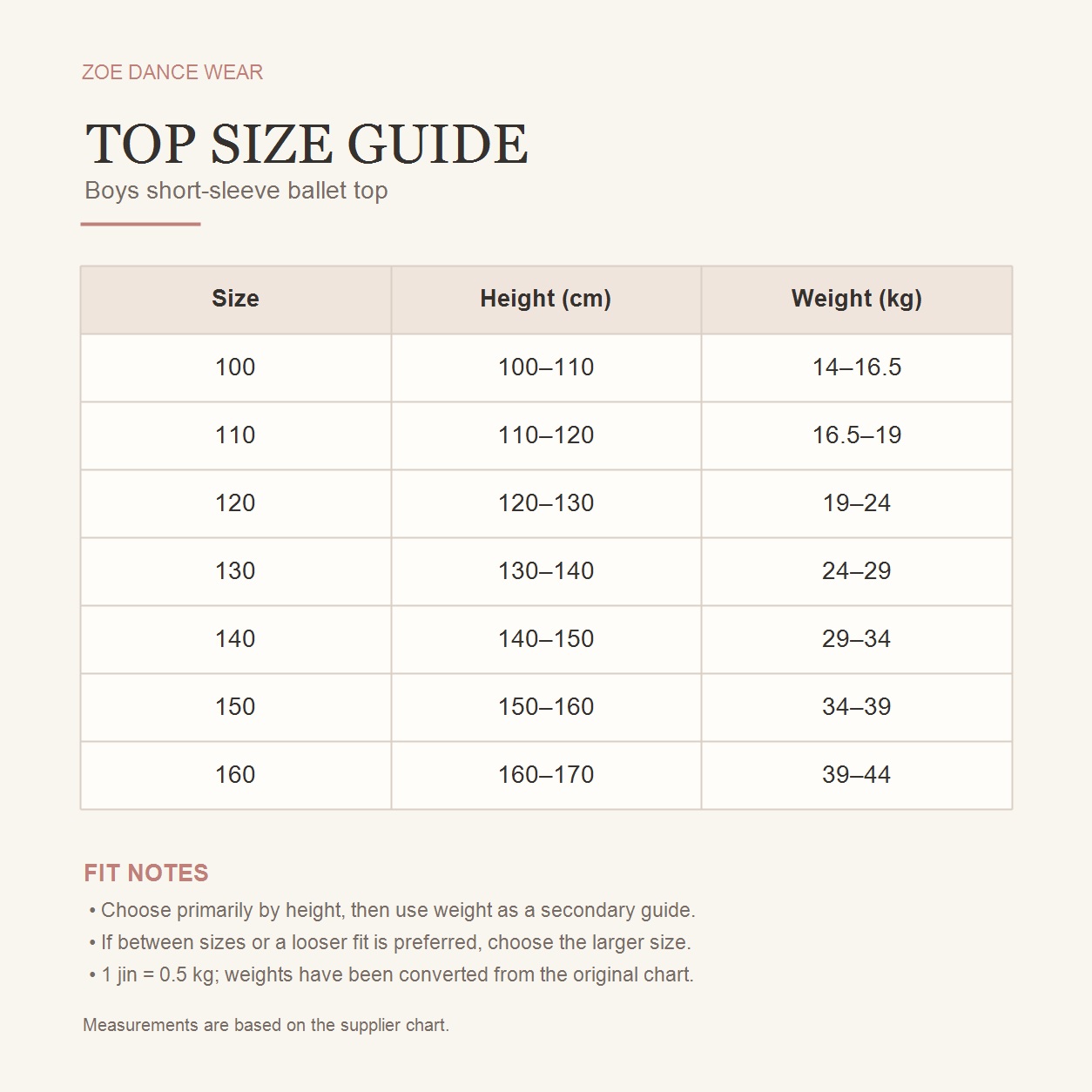 Boys ballet top size guide 100 to 170