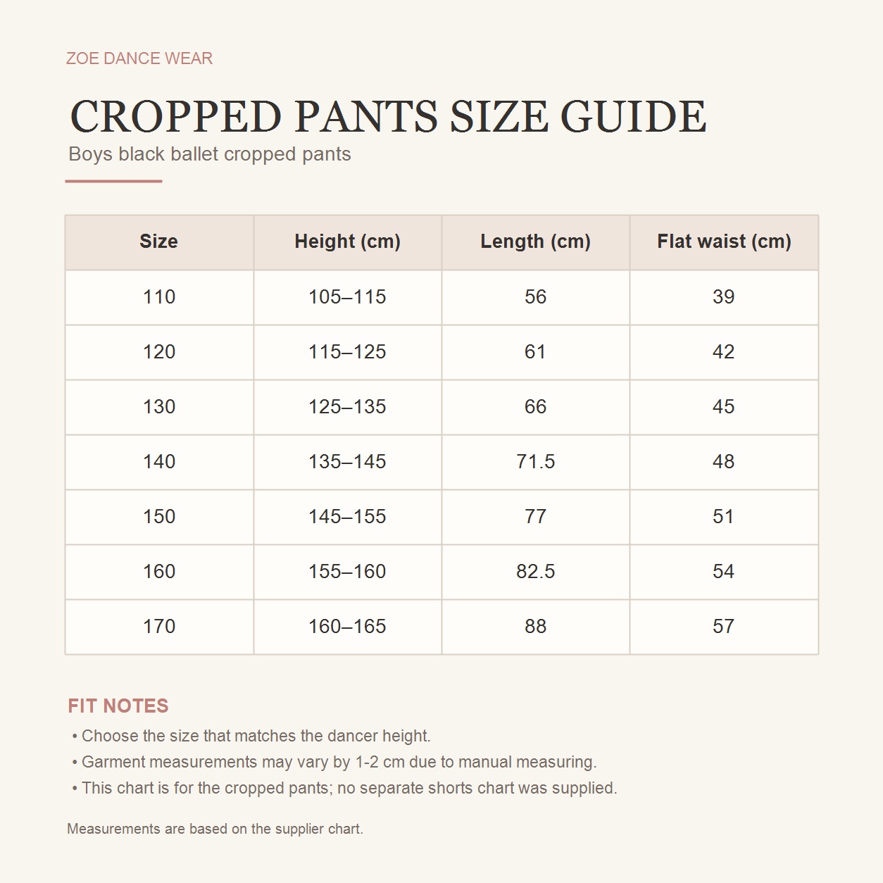 Boys ballet cropped trousers size guide