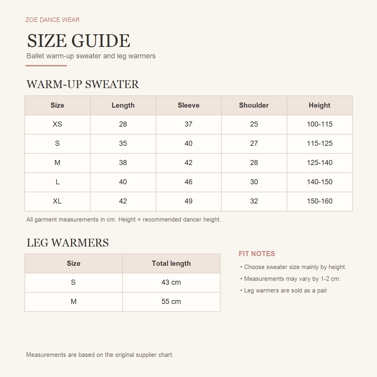 Size guide for ballet cardigan and leg warmers