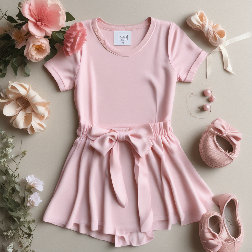 Ballet birthday party outfit with pink leotard chiffon skirt and accessories on cream linen