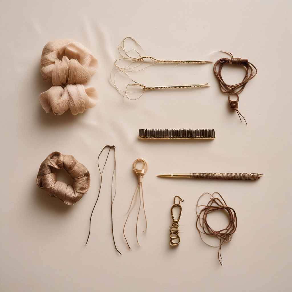 Ballet bun hair accessories kit with bobby pins hair net and elastics on cream linen