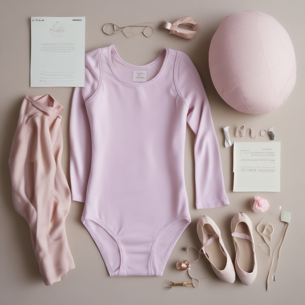 Ballet exam preparation items flat lay - fresh tights leotard shoes and hair kit on cream linen