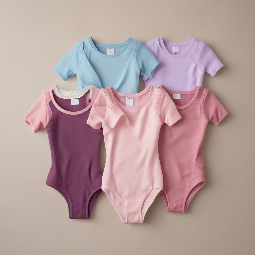 Row of RAD grade ballet leotards in grade colors from pink to purple on cream linen