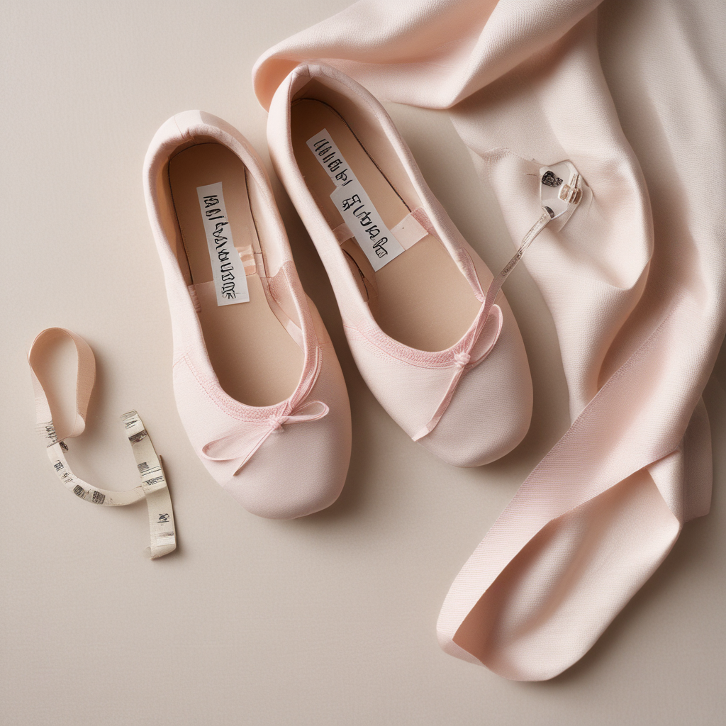 Soft pink canvas ballet shoes with measuring tape for width fitting guide on cream linen