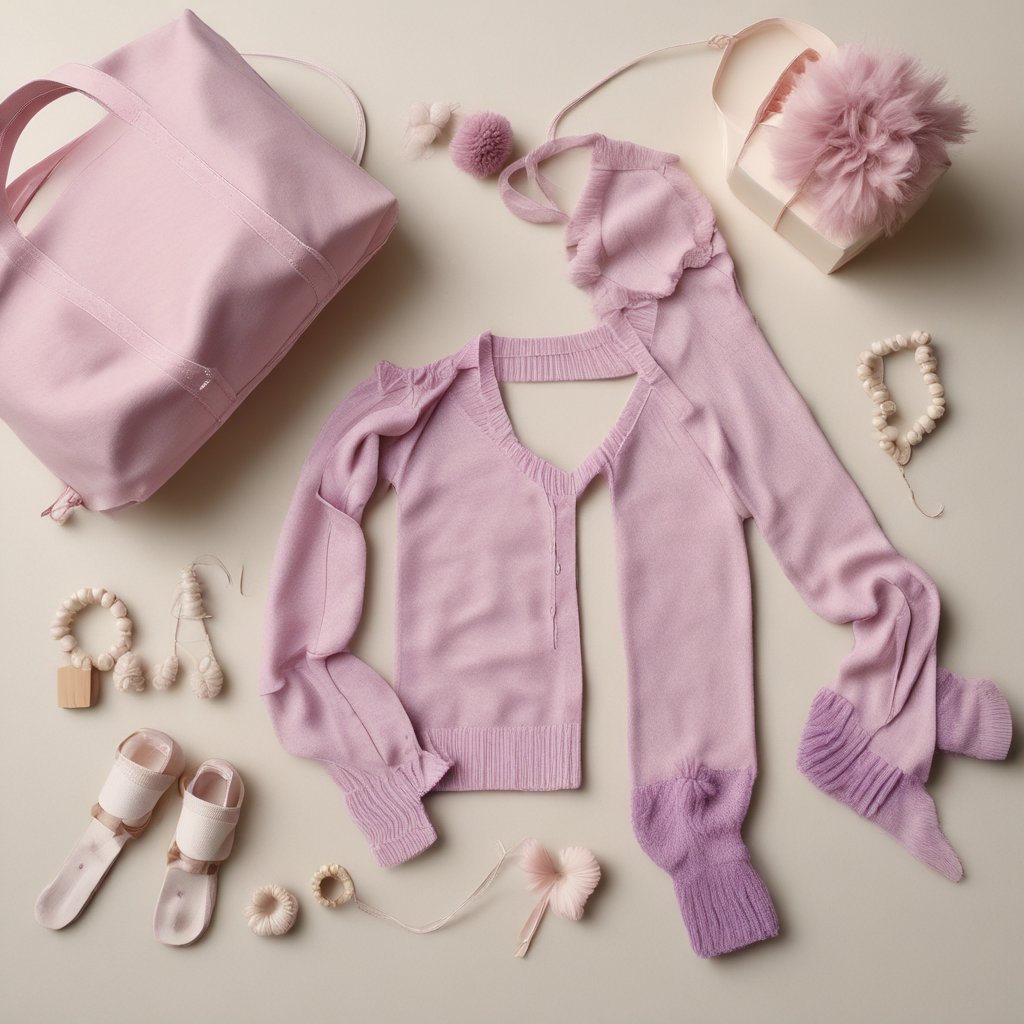 Ballet dancer gift collection with bag pom-poms hair accessories and leg warmers on cream linen