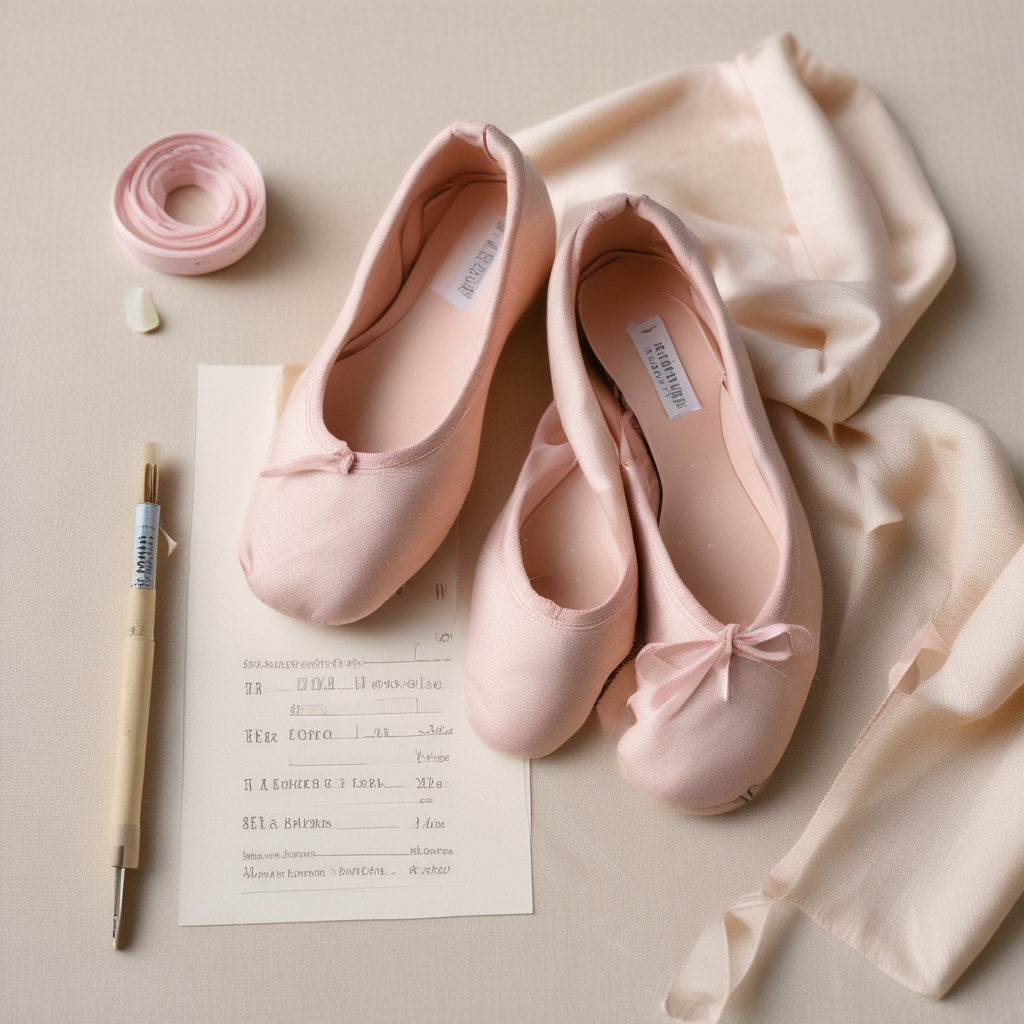 Soft pink canvas ballet shoes with size chart and measuring tape for online buying guide on cream linen