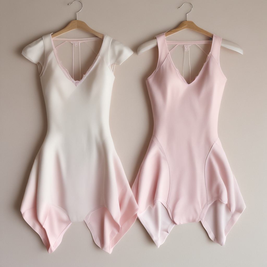 Two ballet leotards in different fabrics cotton and nylon comparison flat lay on cream linen