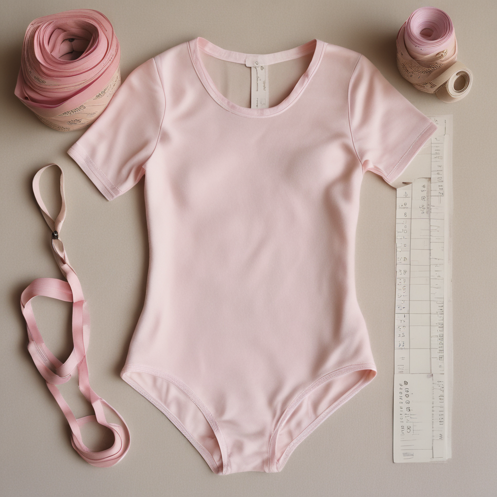Ballet leotard with measuring tape and size chart for sizing guide on cream linen