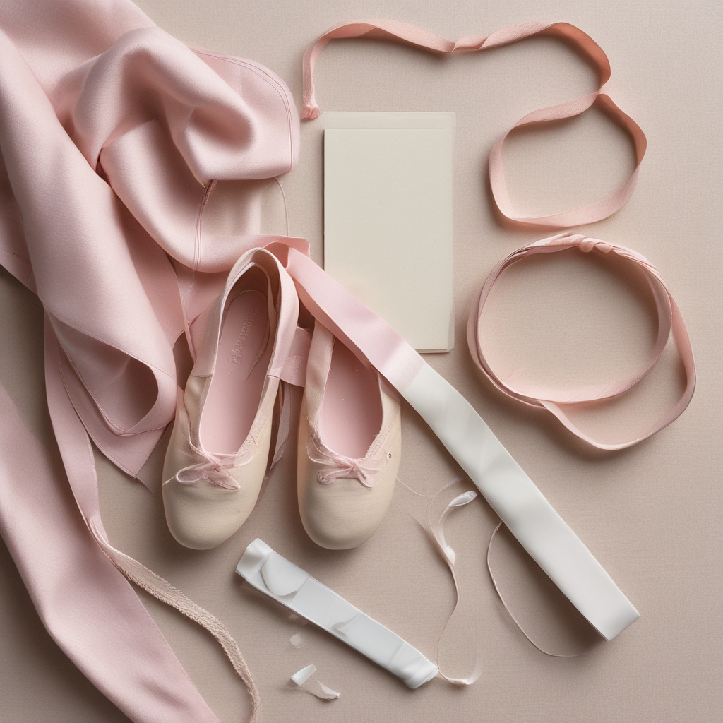 Ballet shoes and resistance band for turnout exercises flat lay on cream linen
