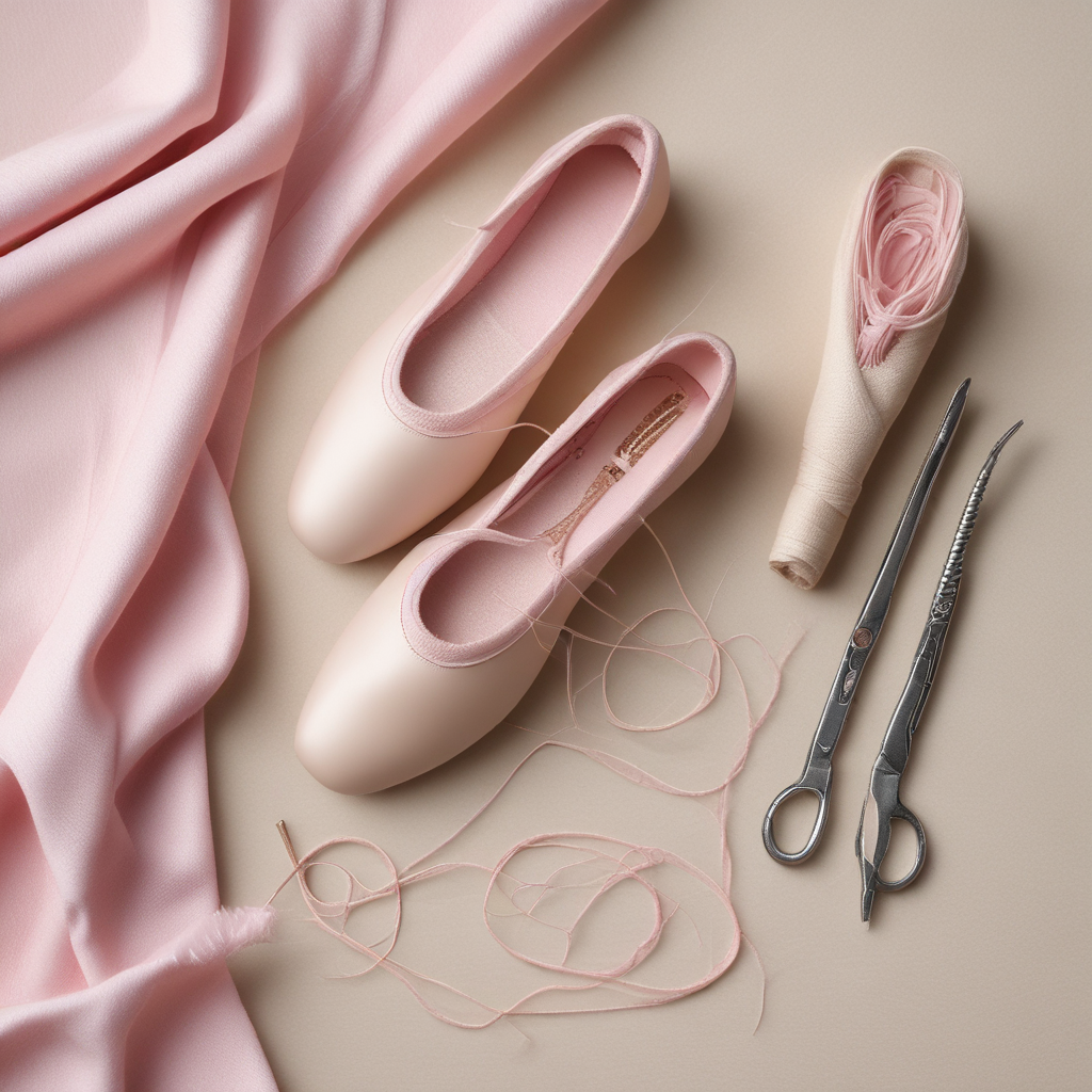 Ballet shoe sewing kit with elastic needle and thread on cream linen