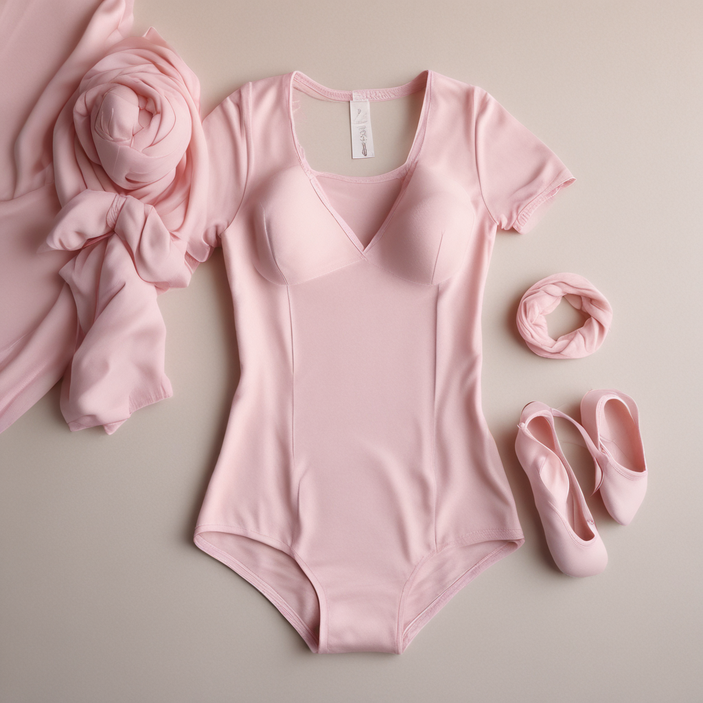 Pink RAD ballet leotard and chiffon skirt set flat lay on cream linen