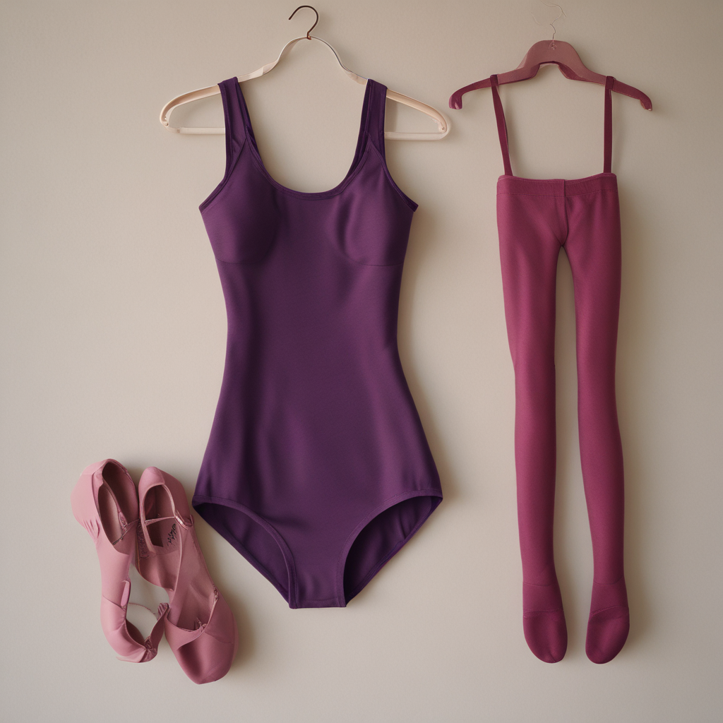 Deep purple and burgundy RAD senior grade ballet leotards flat lay on cream linen