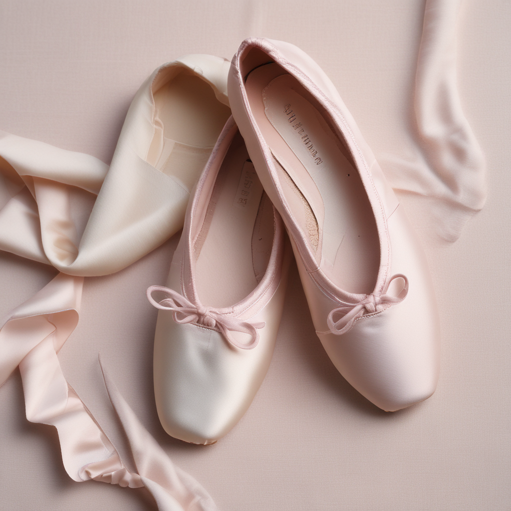 Pale pink satin ballet shoe beside canvas ballet shoe comparison flat lay on cream linen