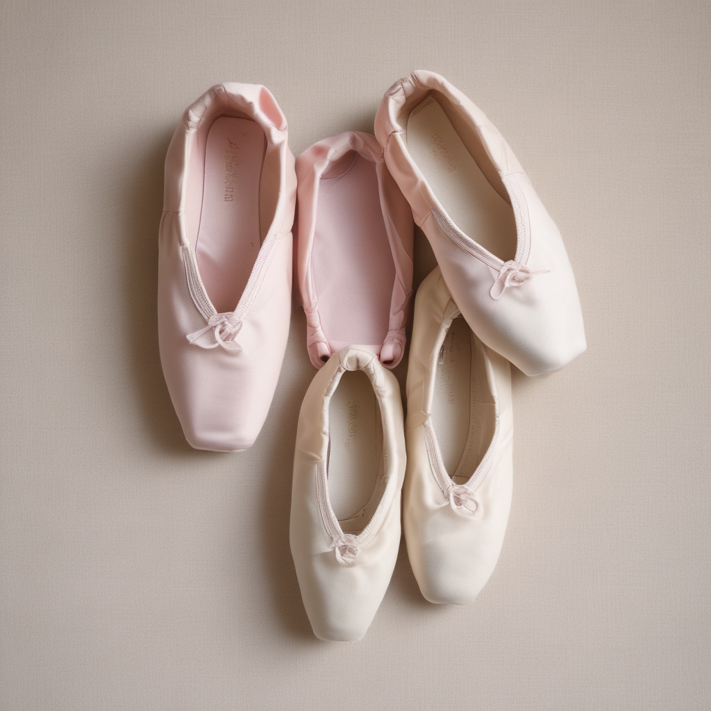 Three types of ballet shoes - satin, canvas and leather comparison flat lay on cream linen