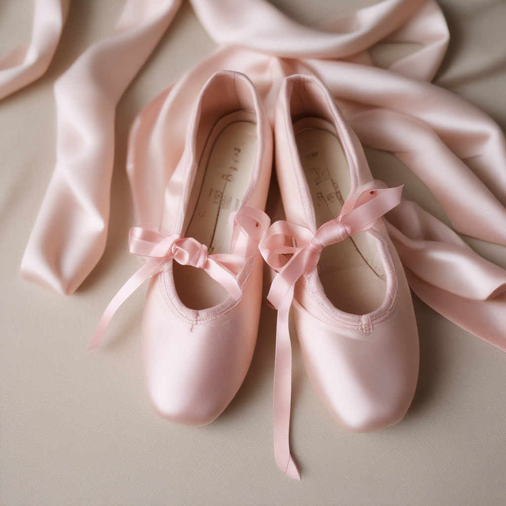Pink satin ballet shoes with ribbons representing en pointe work on cream linen