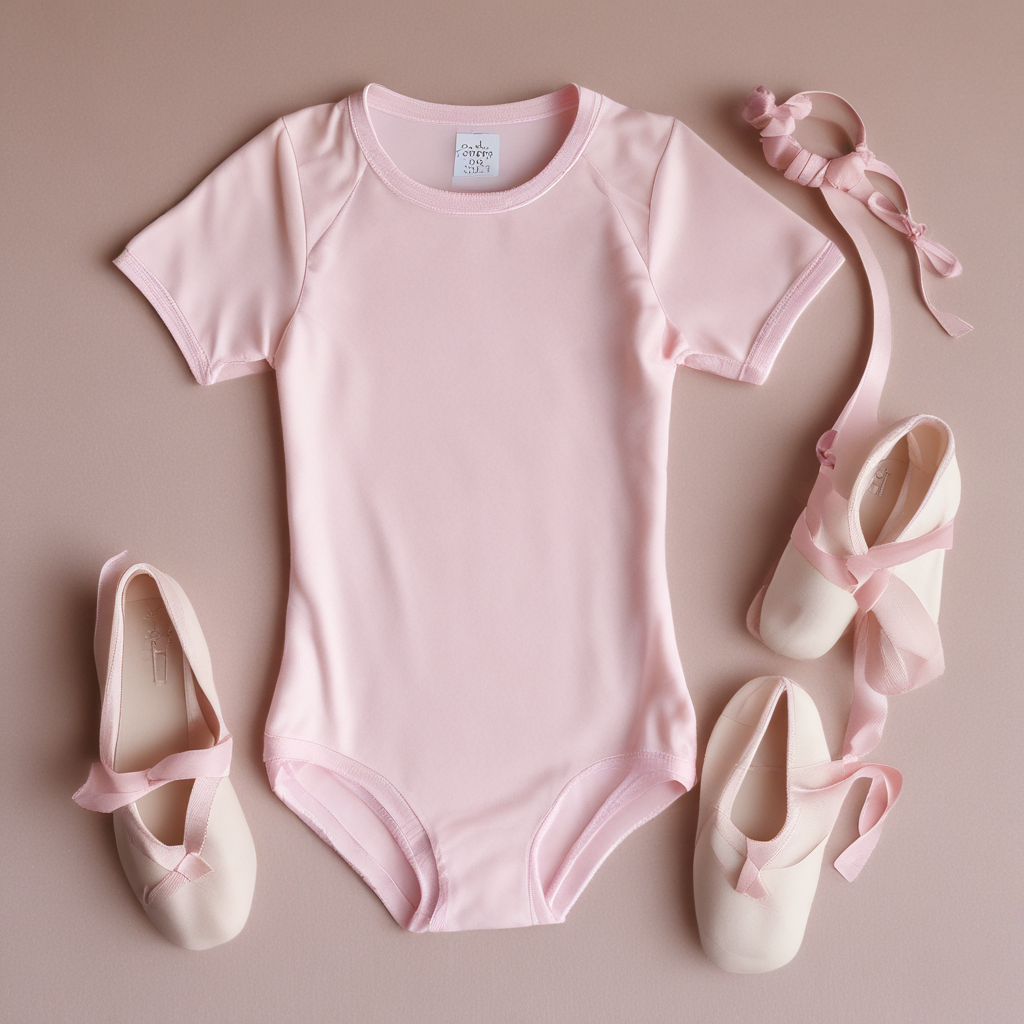 Classic RAD ballet uniform items including pink leotard tights and shoes on cream linen