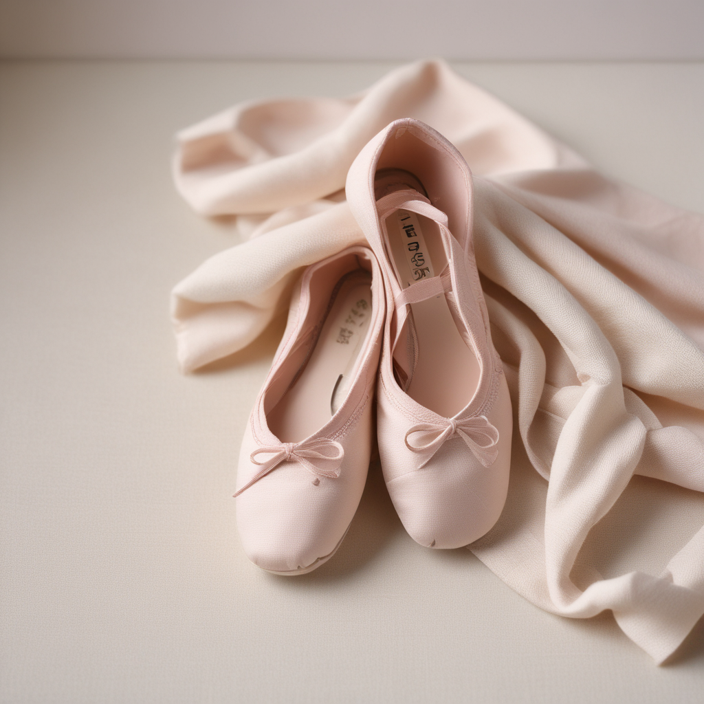 Ballet shoes arranged in first position turnout on cream linen fabric
