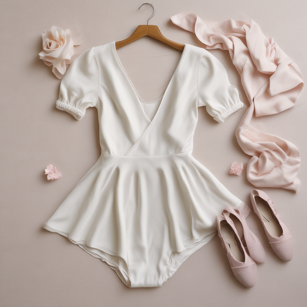 White ballet leotard and white chiffon skirt flat lay for performance on cream linen