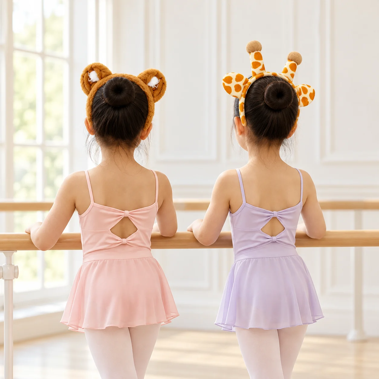 Two girls at the ballet barre seen from behind, one wearing the bear ear headband and one the giraffe ear headband