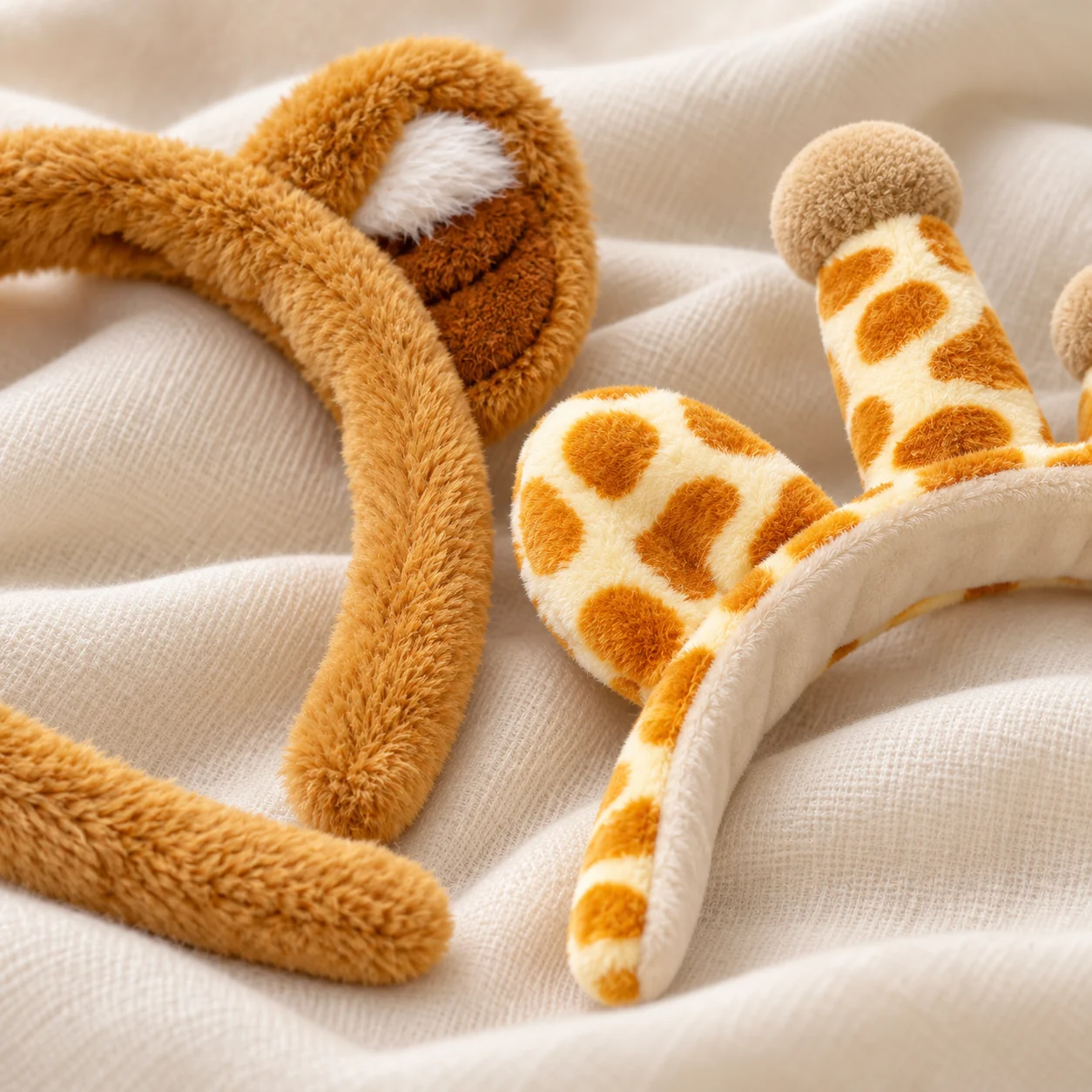 Bear and giraffe ear headbands lying on cream fabric