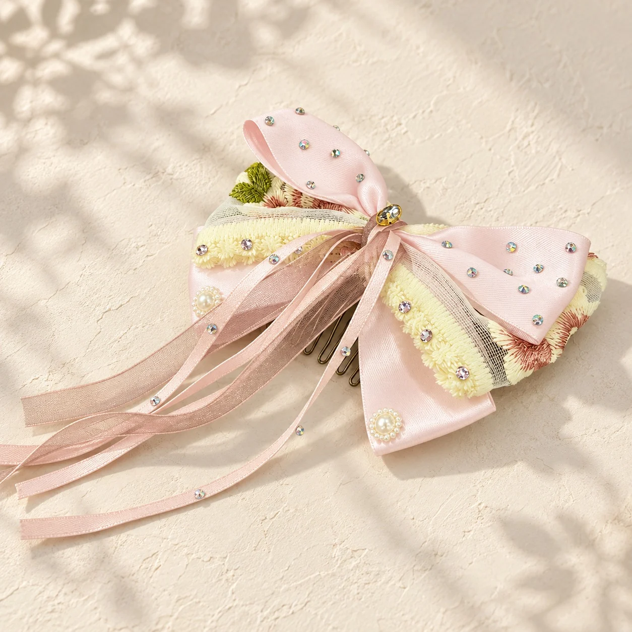 Blush rose satin hair bow with embroidered tulle, small flowers and long ribbons