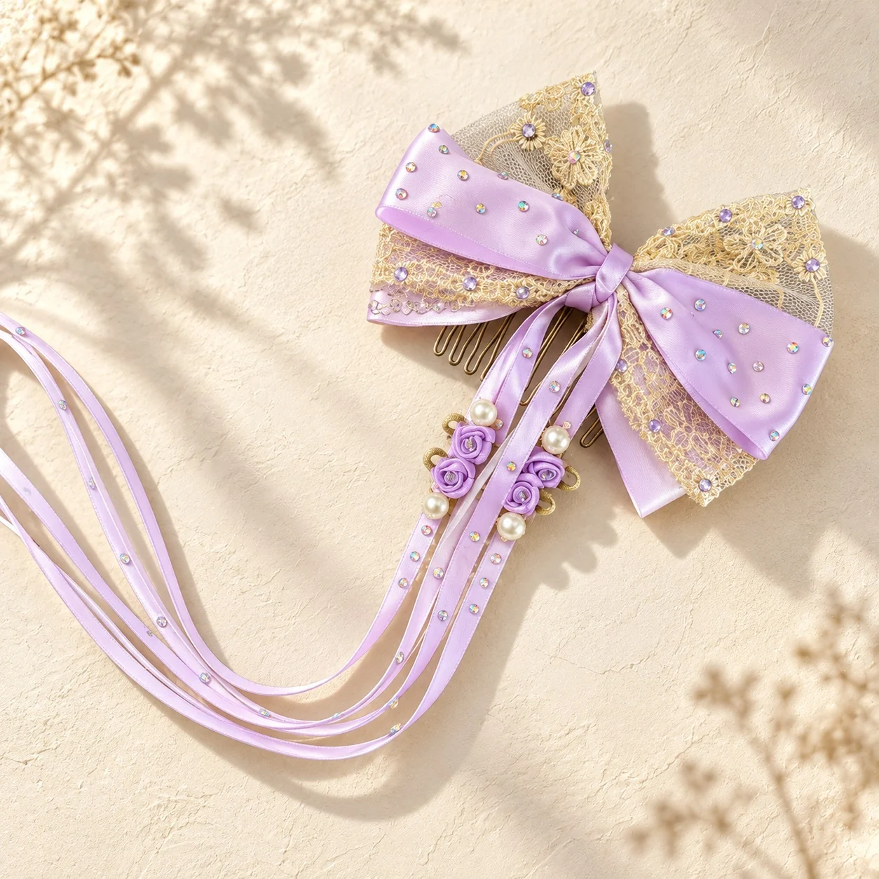 Lilac satin hair bow with gold lace, purple flowers and long ribbons