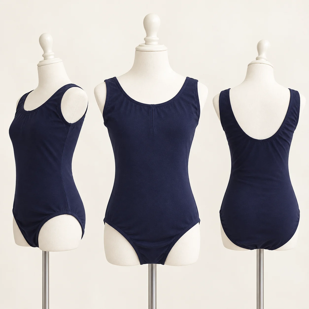 Navy sleeveless ballet leotard shown from three sides on mannequins