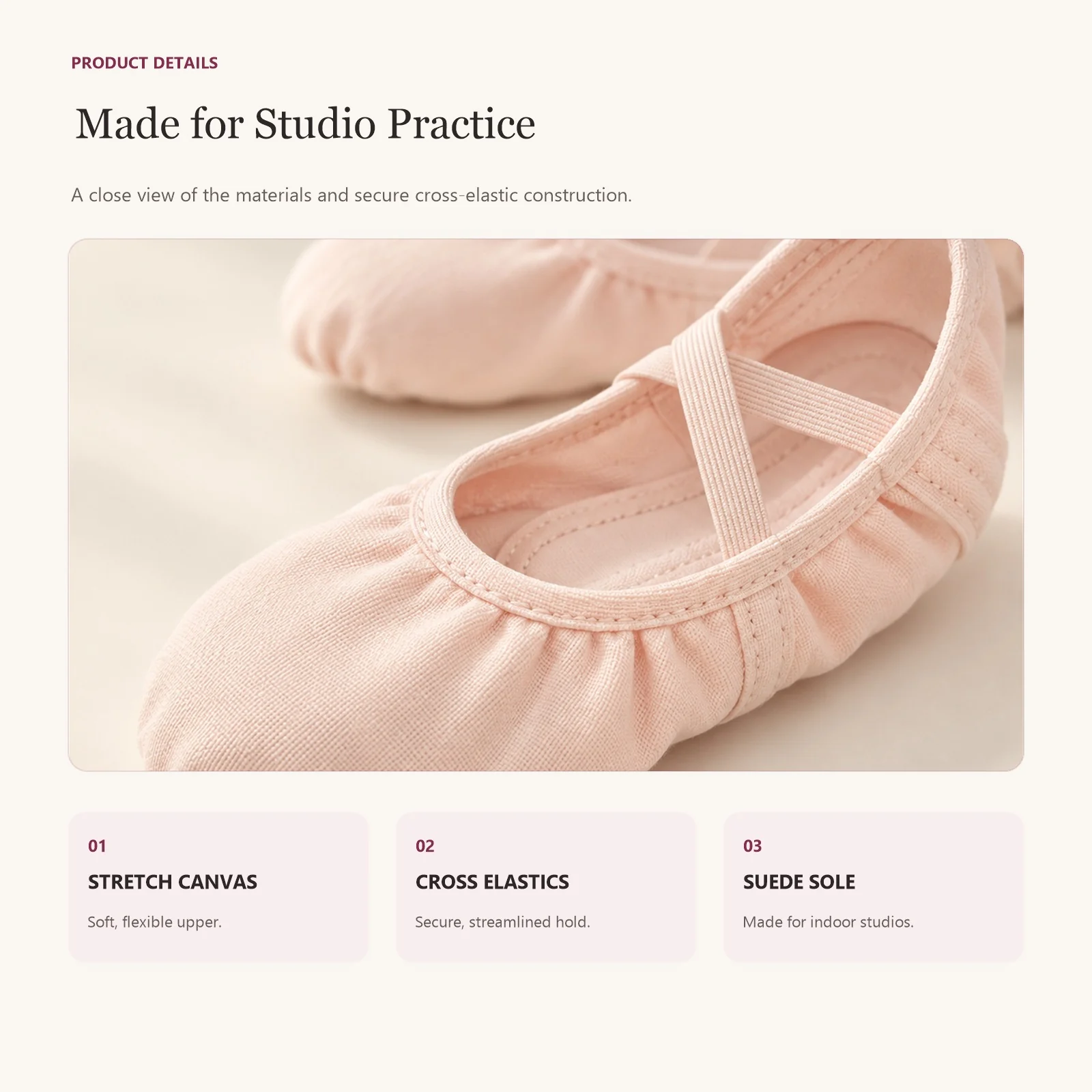 Close-up of ballet slipper canvas upper, elastics and sole