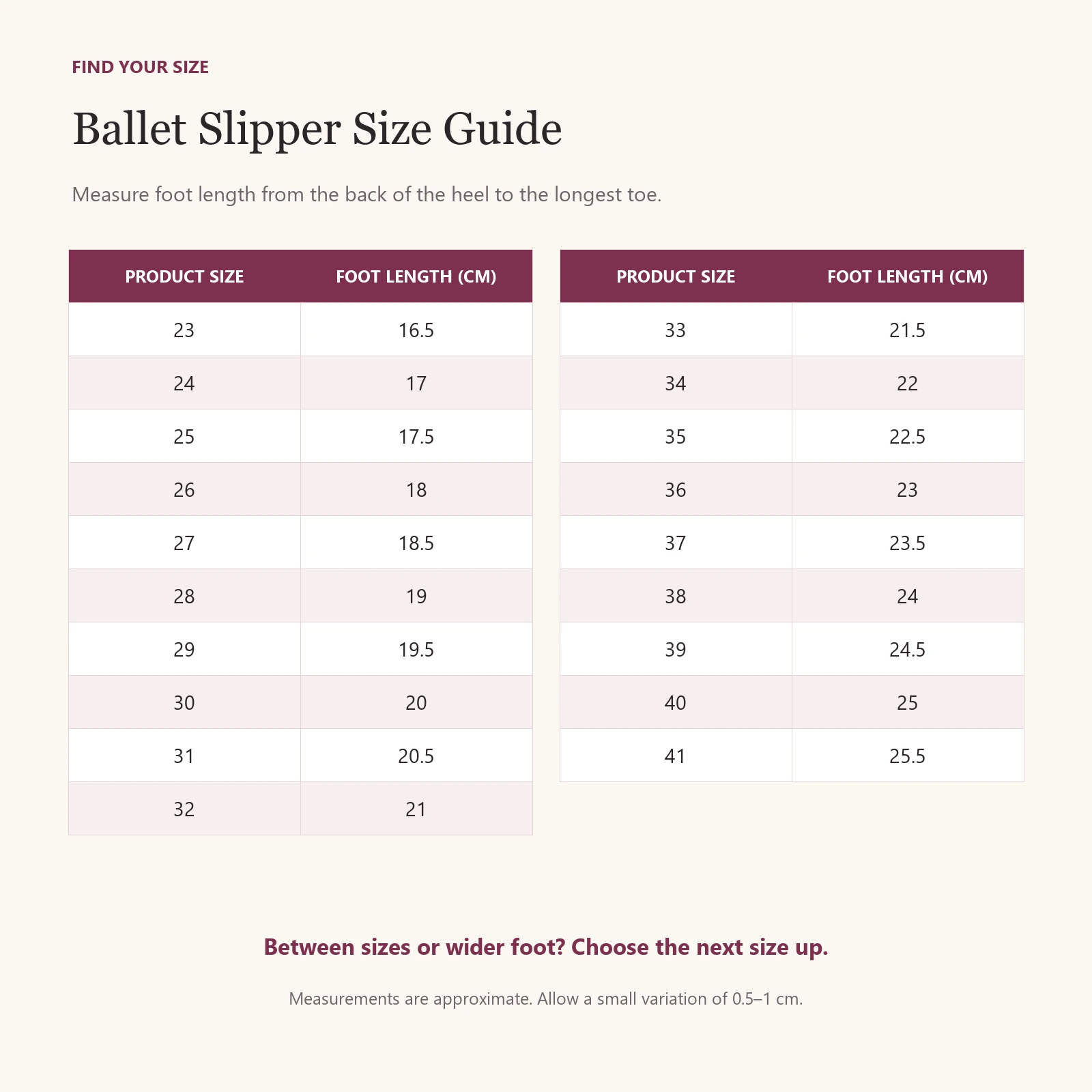 Ballet slipper size guide chart, sizes 23 to 41 with foot length in centimetres