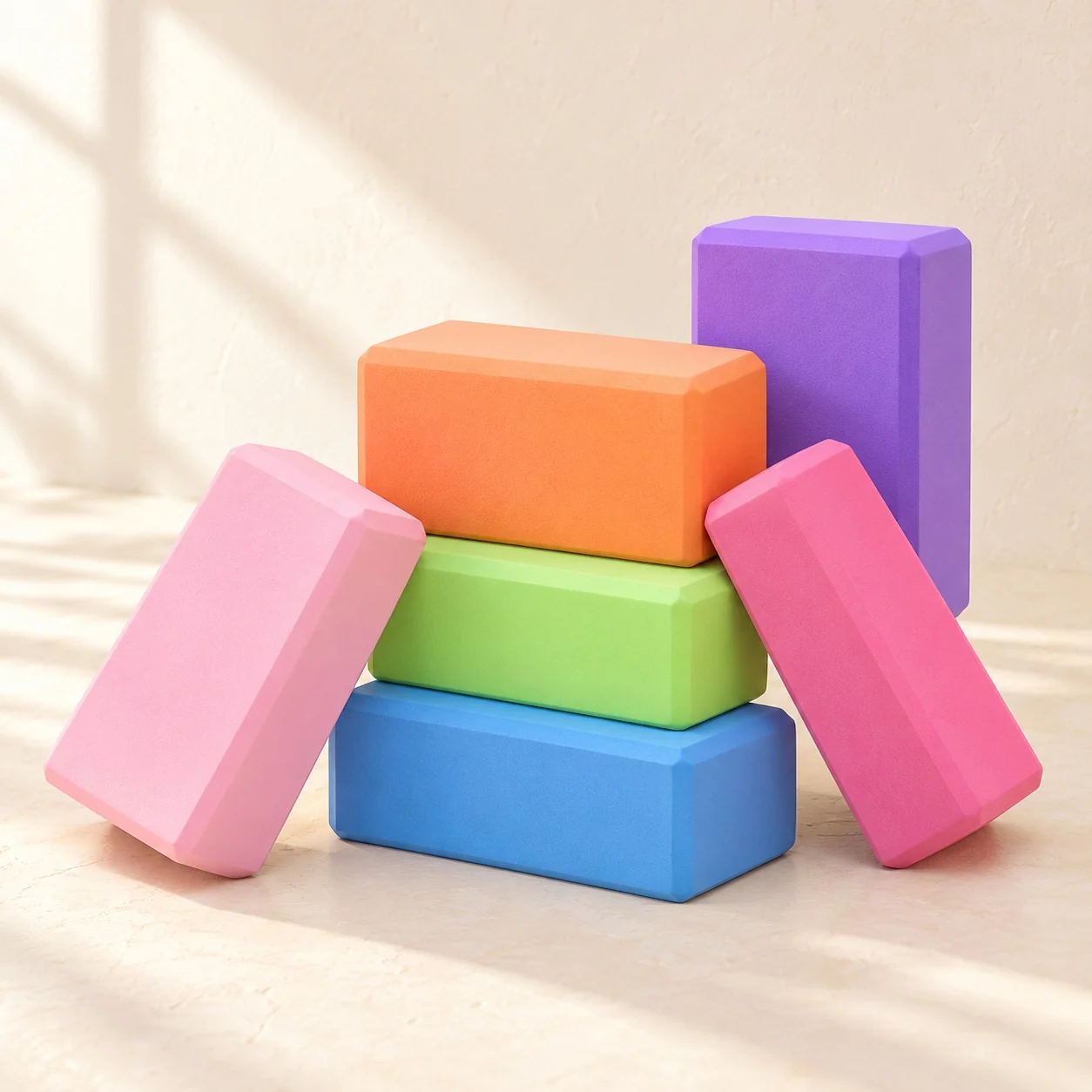 Six colored training blocks stacked and leaning on each other
