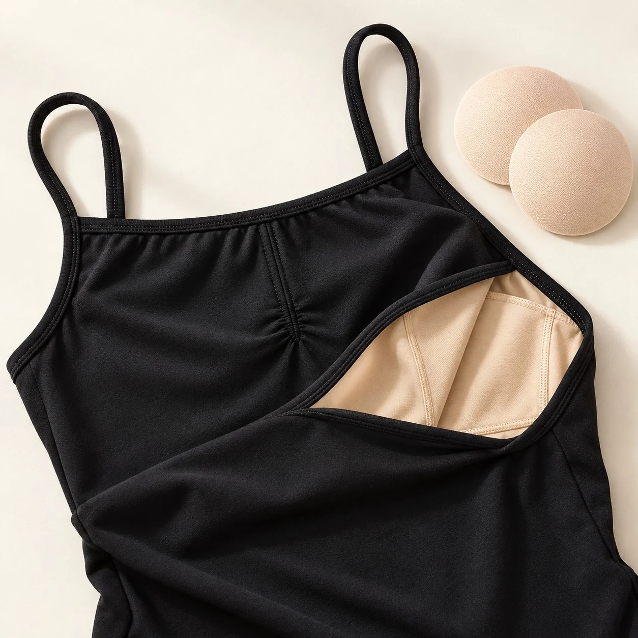Close-up of the black leotard front showing the nude lining and a removable chest pad