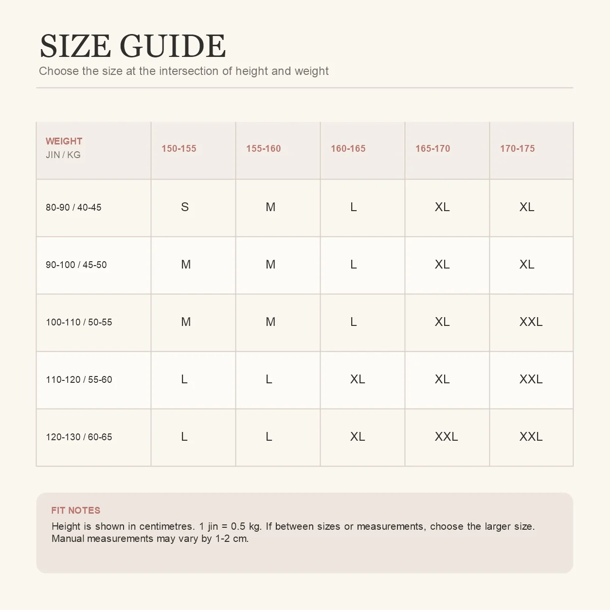 Size guide for the black camisole leotard set by height and weight, sizes S to XXL