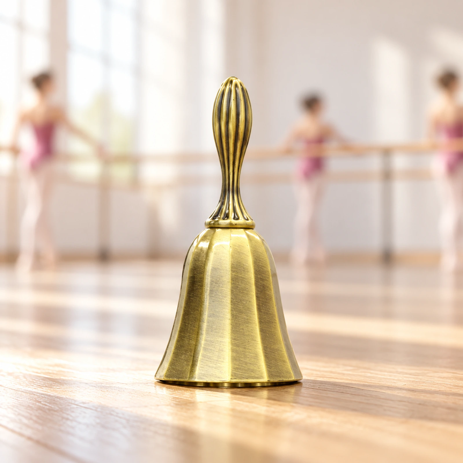 Brass hand bell standing on a studio floor with dancers at the barre behind it