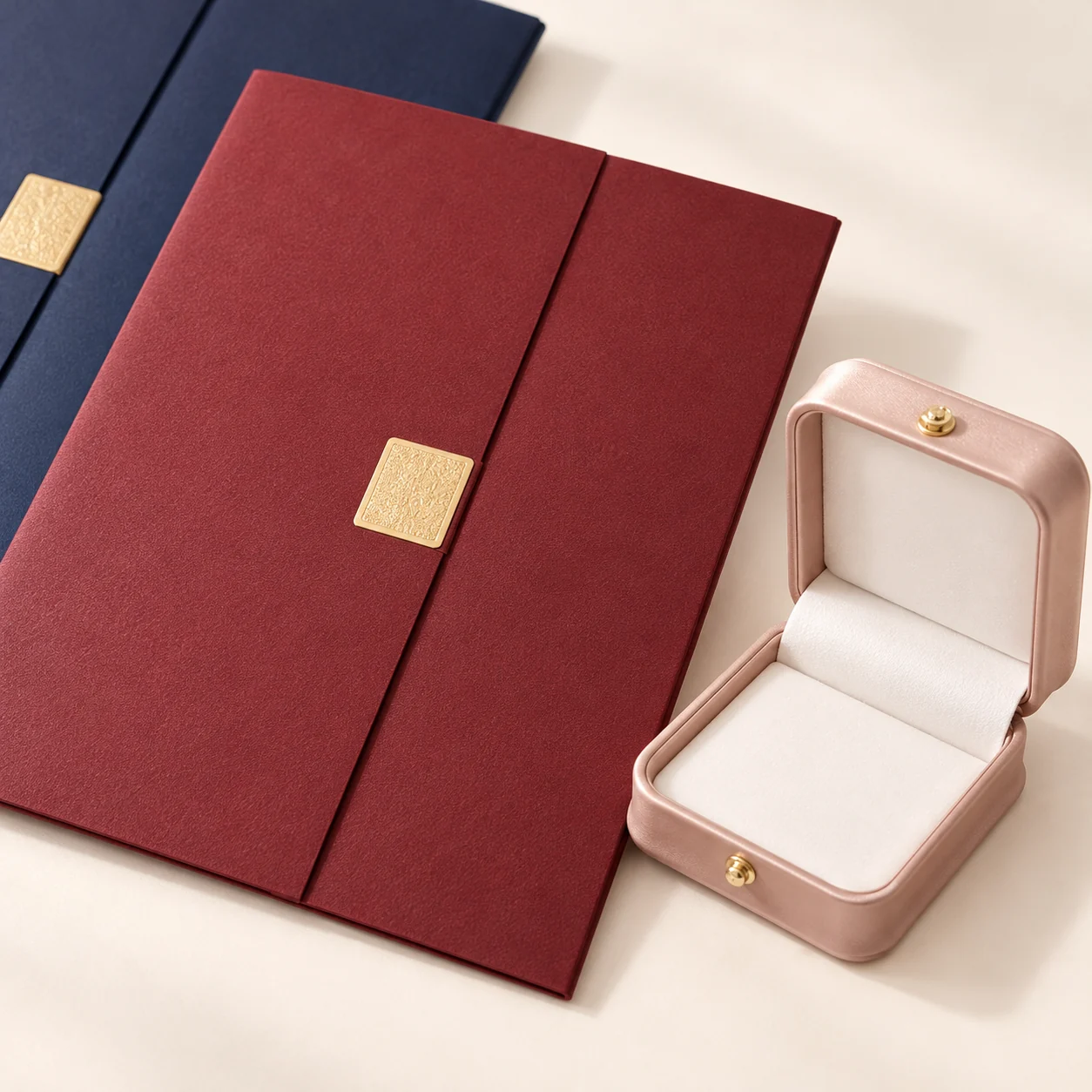 Close-up of the burgundy certificate folder with a gold plaque and an open blush pink medal box