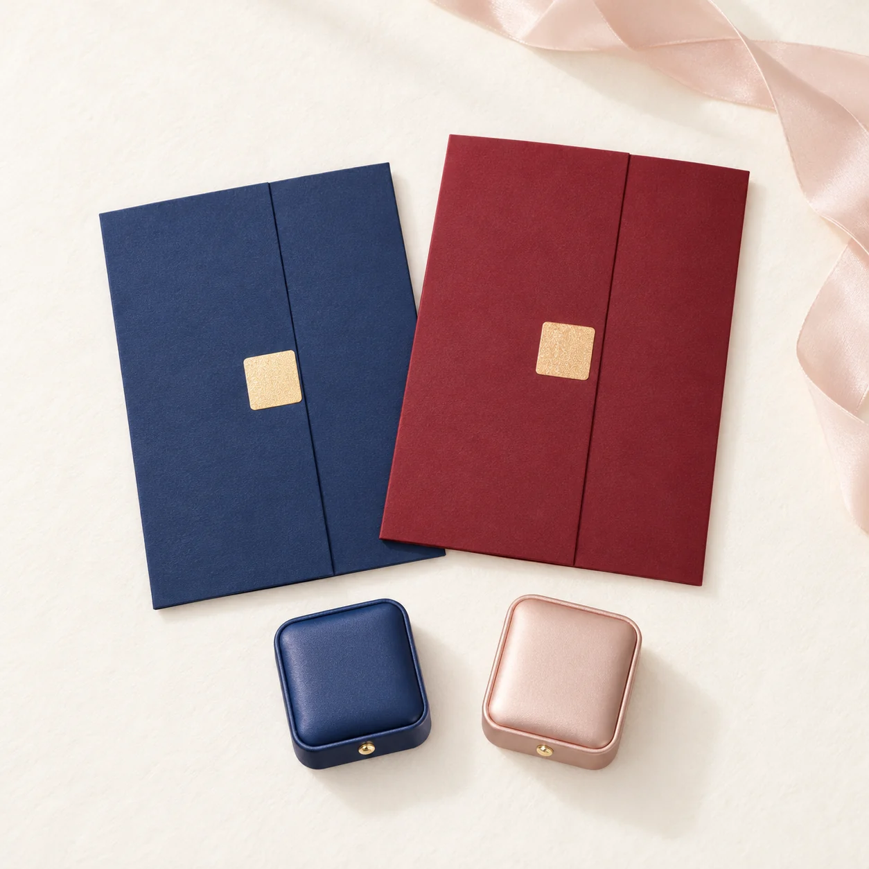 Navy blue and burgundy certificate folders laid flat with a navy and a blush pink medal box and soft pink fabric