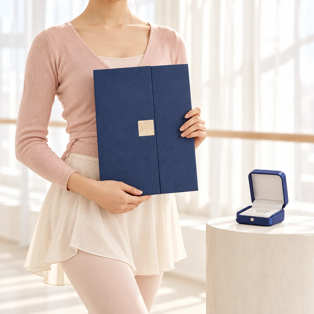 Dancer in a pink cardigan and cream skirt holding a navy blue certificate folder, with a medal box on a stand beside her