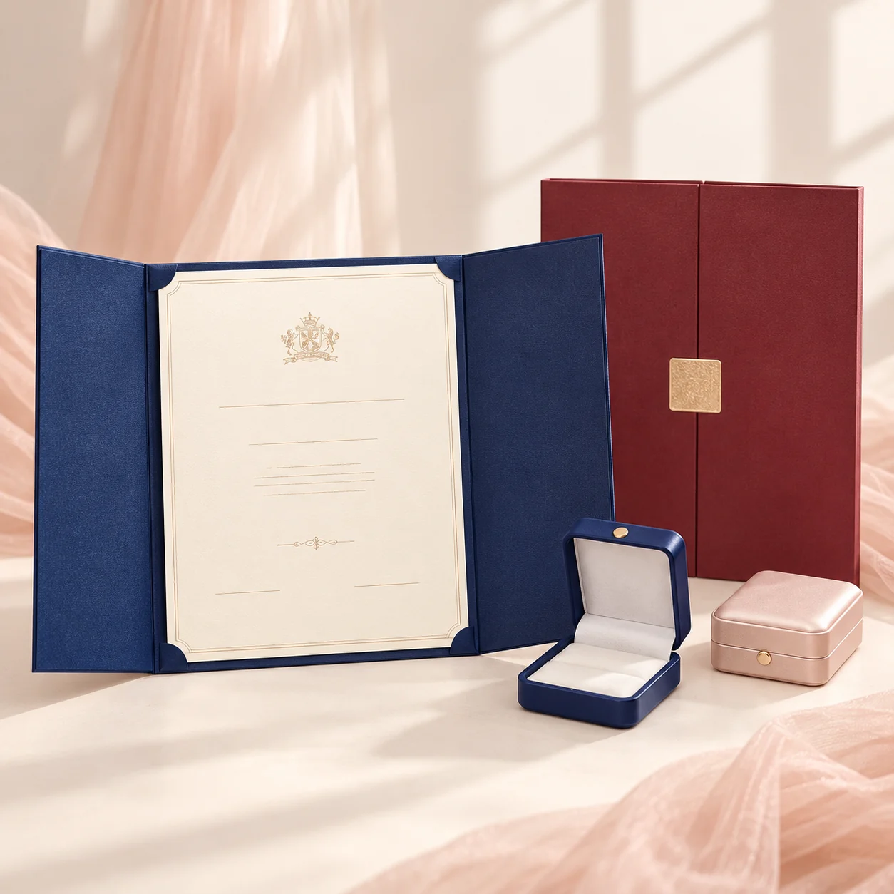 Navy blue certificate folder opened to show a certificate inside, with a medal box and a burgundy folder beside it