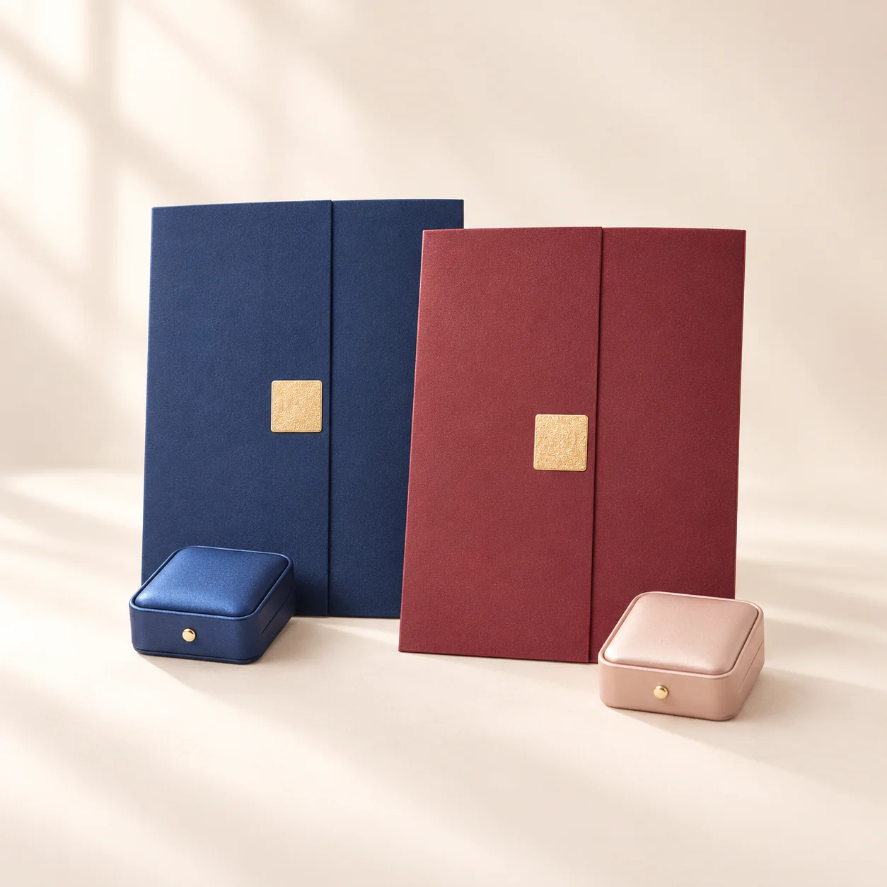 Navy blue and burgundy certificate folders with gold plaques, with a navy and a blush pink medal box in front