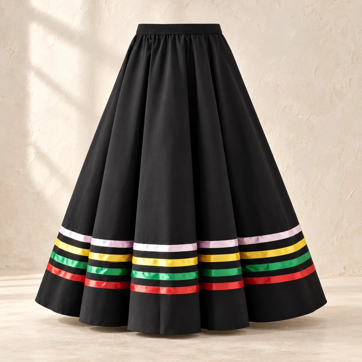 Black full-circle character skirt with four satin ribbon bands in lilac, yellow, green and red at the hem