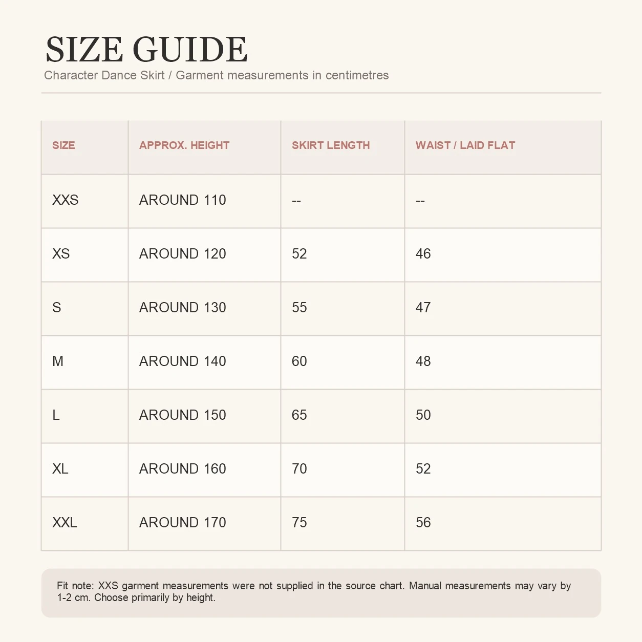 Size guide for the character dance skirt: approximate height, skirt length and waist for sizes XXS to XXL