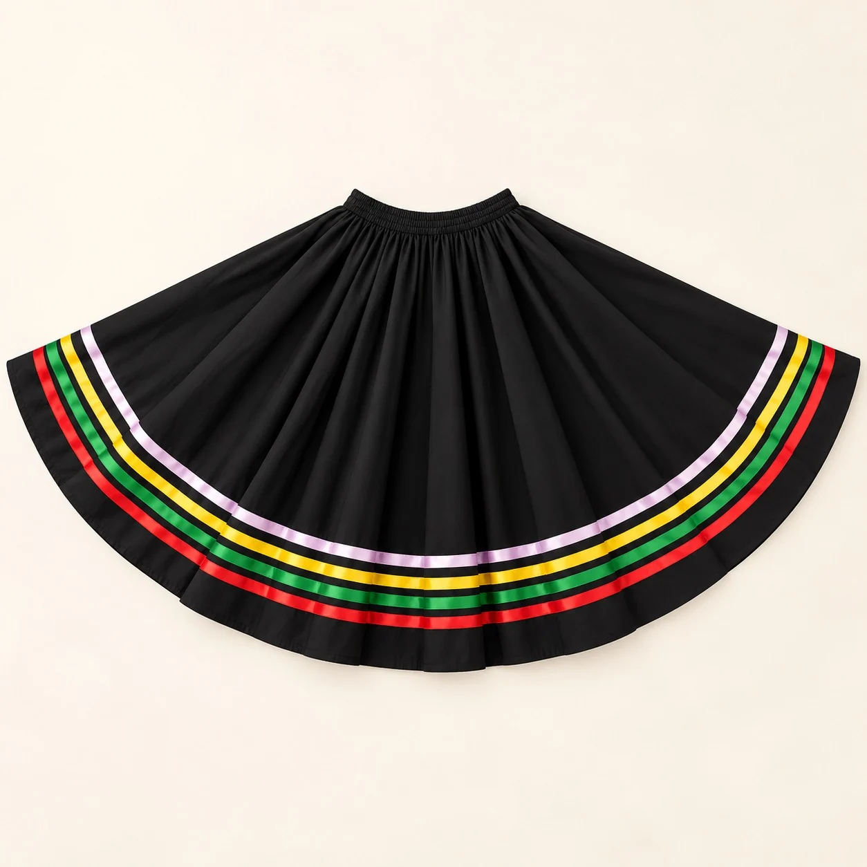 Black character skirt laid out flat showing the full circle and the four ribbon bands