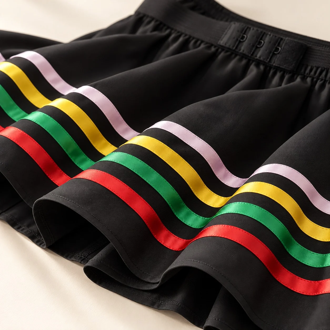 Close-up of the four satin ribbons in lilac, yellow, green and red on the black skirt hem
